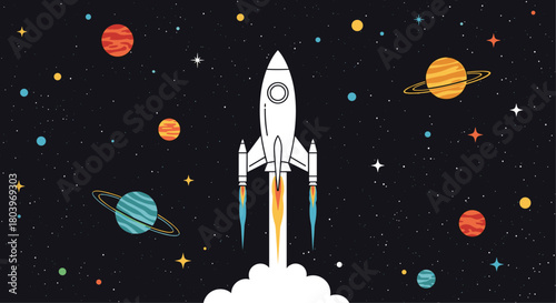 Rocket Ship Launching into Space Amidst Planets and Stars.