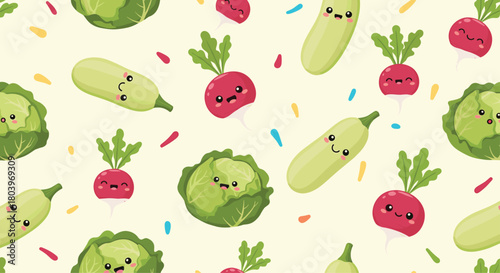 Cute vegetable pattern with cabbage radish and zucchini.