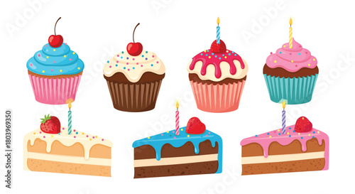 Delicious cupcakes and cake slices with cherries and candles.