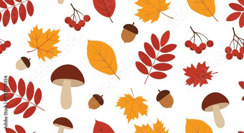 Autumnal Pattern: Leaves Acorns and Mushrooms on White Background.