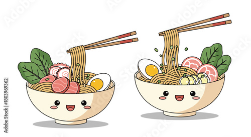 Kawaii Ramen Bowls with Chopsticks and Delicious Noodles.