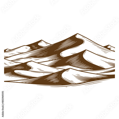 Artistic sketch illustration of rolling sand dunes in the desert landscape vintage style