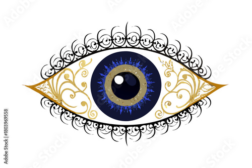 Ornamental eye with gold swirl and blue iris