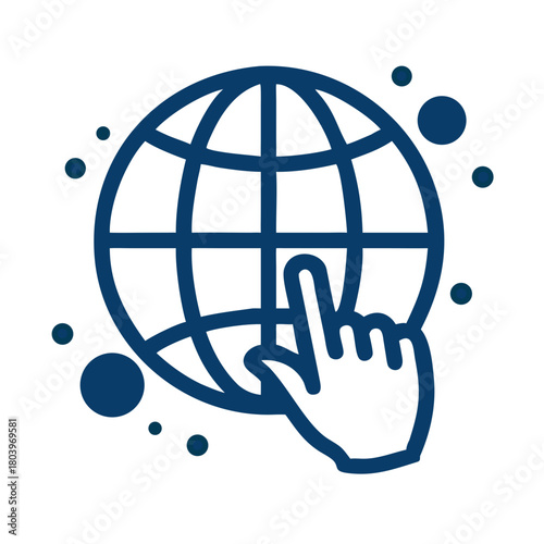 Hand clicking blue global icon with dots