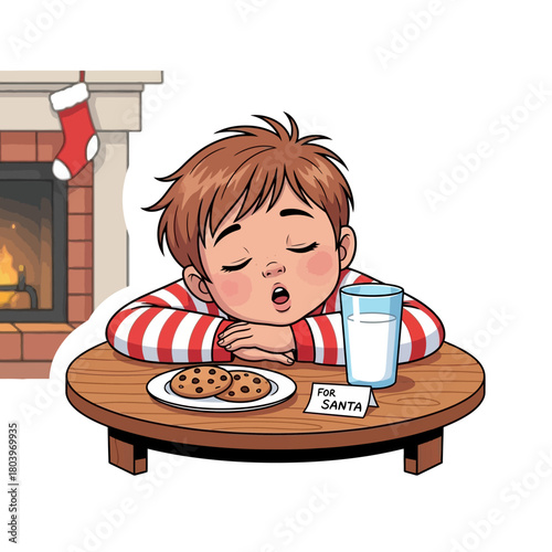 An adorable young child, dressed in festive pajamas, has fallen asleep by the fireplace while patiently awaiting a special holiday guest, with milk and cookies left out