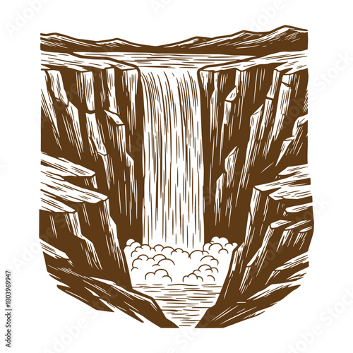 Brown sketch vintage depiction of waterfall cascading down rocky cliff face