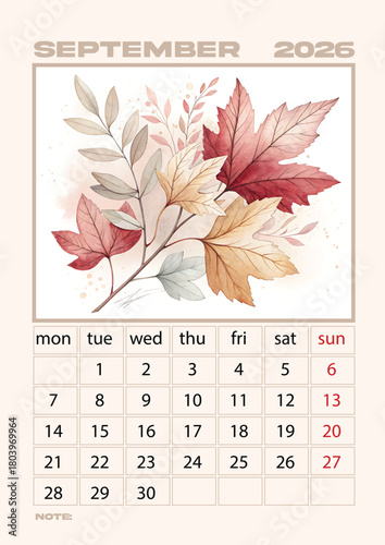 September 2026 Calendar Template - Watercolor Autumn Leaves Branch | Fall Foliage Monthly Planner Design