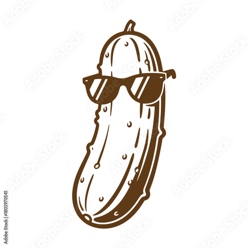 Cool retro cucumber wearing sunglasses illustration in a detailed brown sketch vintage art style