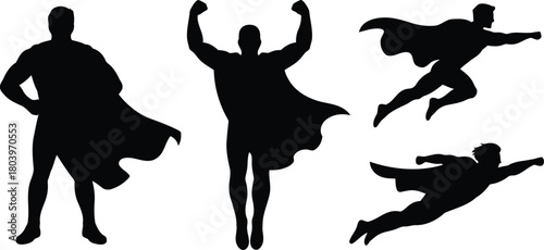  Heroic Poses Silhouettes Collection.collection of four black silhouettes depicting a heroic male figure with a flowing cape in various dynamic poses. One figure stands with hands on hips, another wit