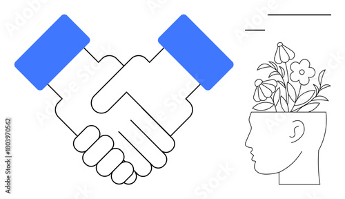 Handshake representing collaboration and agreement, with a head filled with blooming flowers symbolizing creativity, innovation, and personal growth. Ideal for teamwork, innovation, harmony