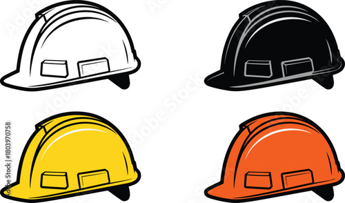Construction hard hat vector set in multiple colors, safety helmet illustrations for industrial protection, engineering, worker equipment, and occupational safety graphics