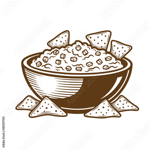 Delicious bowl of guacamole dip with crispy tortilla chips sketch vintage style illustration
