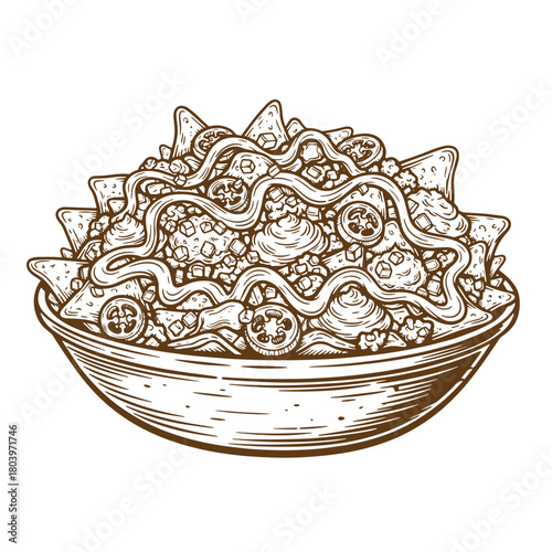 Delicious vintage sketch illustration of loaded nachos served in a ceramic bowl