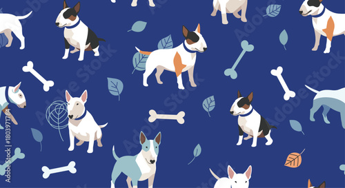 Bull Terriers on Blue Background: Playful Dog Breed Pattern.