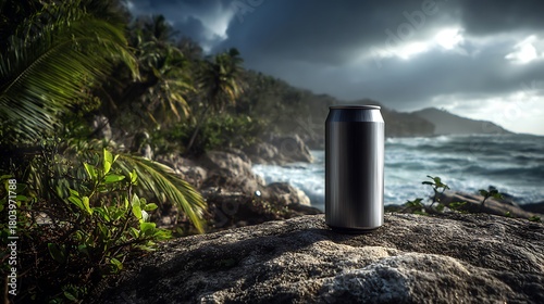 Fototapeta Naklejka Na Ścianę i Meble -  Soda can on a rocky beach with palm trees and a stormy ocean view