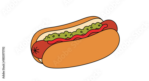 Delicious hot dog with mustard and relish on a bun.