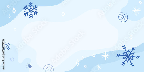 Winter background with blue snowflakes and swirls on a light blue canvas creating a cool atmosphere