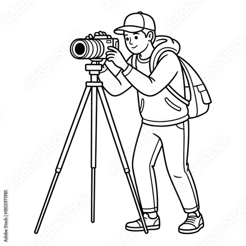 Young Photographer with Tripod Camera Line Art Coloring Page