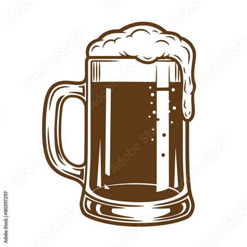 Detailed brown sketch of a beer mug filled with dark beer and frothy foam