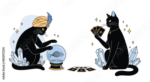 Mystical Black Cats Divining the Future with Cards and Crystal Ball.