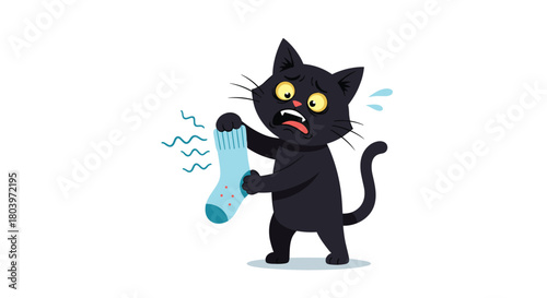 Black cat holding a smelly sock with a disgusted expression.