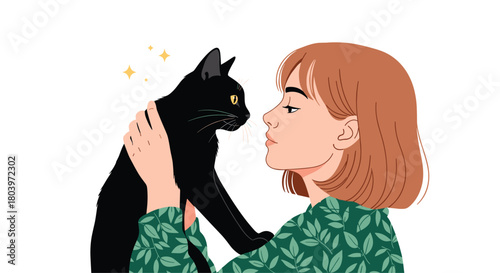 Woman lovingly embraces her sleek black cat a tender moment.