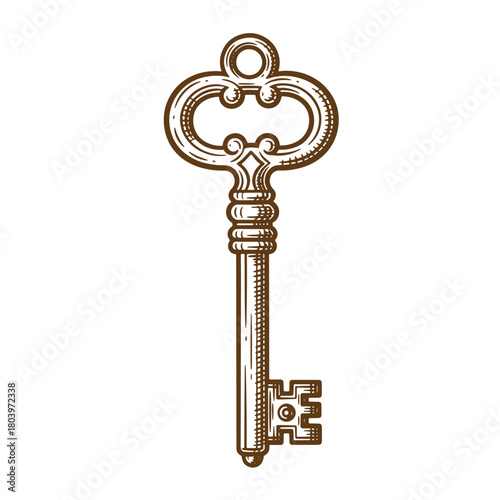 Detailed brown sketch of a vintage skeleton key on white background