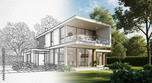 Modern house design sketch transitions to realistic 3d rendering surrounded by lush greenery