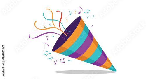 Colorful Party Popper Celebration with Musical Notes.