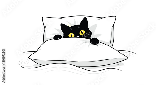 Black cat resting on a white pillow looking at you.
