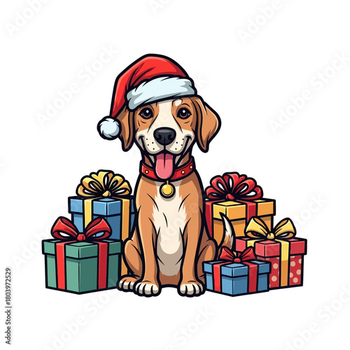 Delightful dog in a whimsical Santa hat, joyfully posing with a collection of festive presents, embodying the spirit of gifting and holiday warmth