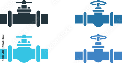 Pipeline valve icons, industrial pipe system symbols, plumbing control valve illustrations, water flow management graphics, engineering infrastructure equipment design for utilities
