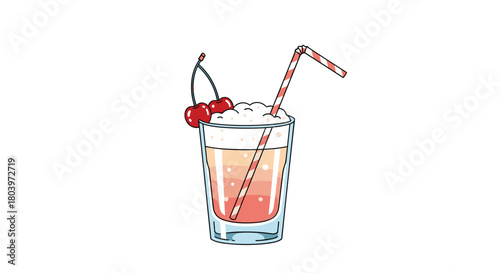 Refreshing cocktail with cherries and straw in a glass.