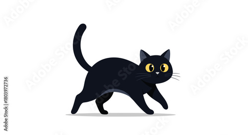 Black cat walking with yellow eyes on white background.