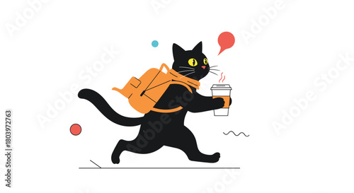 Black cat with backpack carrying coffee running.