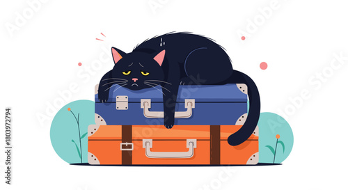 Black cat resting on luggage ready for travel adventure.