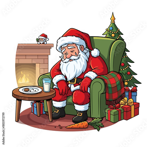 Cozy Aftermath Exhausted Santa Claus Asleep in Armchair Post-Christmas Eve Delivery, Surrounded by Holiday Cheer and Completed Snack Duty