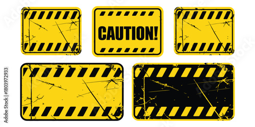 Yellow Caution Sign Board Set – Realistic Warning Templates In Grunge Style With Black Lines, Grain, Old Texture, Stains, And Scratches In Modern Vector Illustration For Safety, Attention, And Road De
