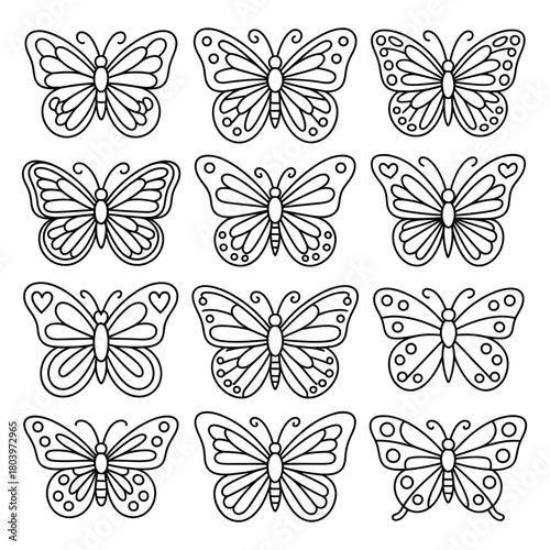 set of butterflies coloring page line art