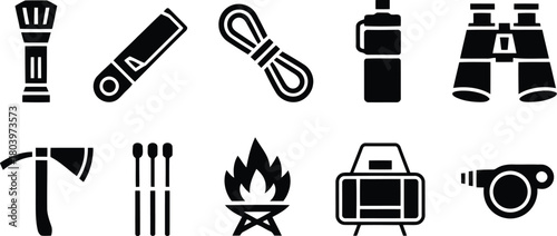 Outdoor Adventure Gear Icons: Camping, Hiking, Survival Essentials Collection