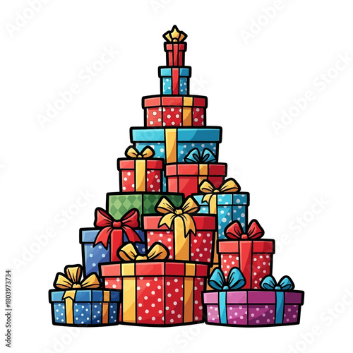 A tall, pyramid-shaped stack of colorful gift boxes with ribbons and bows, suggesting a festive holiday celebration