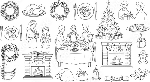 Christmas Holiday Doodles Collection: Family Dinner, Presents, Decorations, Tree, Food Outline Lineart Illustrations