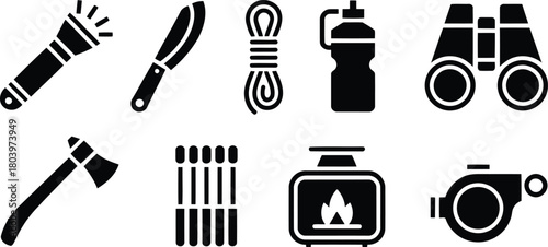 Outdoor Adventure Gear Icons: Camping, Hiking, Survival Essentials Collection