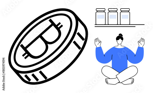 Person meditating in a seated position, cryptocurrency coin, and jars on a shelf. Ideal for finance, mindfulness, productivity, balance, minimalism health and modern digital concepts. Simple flat
