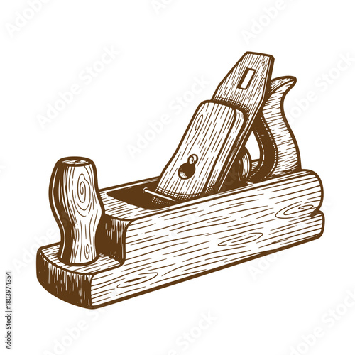Detailed vintage sketch of a wooden hand plane for carpentry and woodworking projects