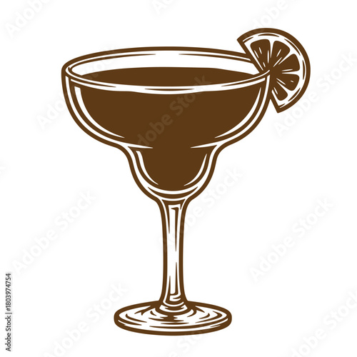 Elegant sketch vintage illustration of a brown margarita cocktail with a lemon wedge