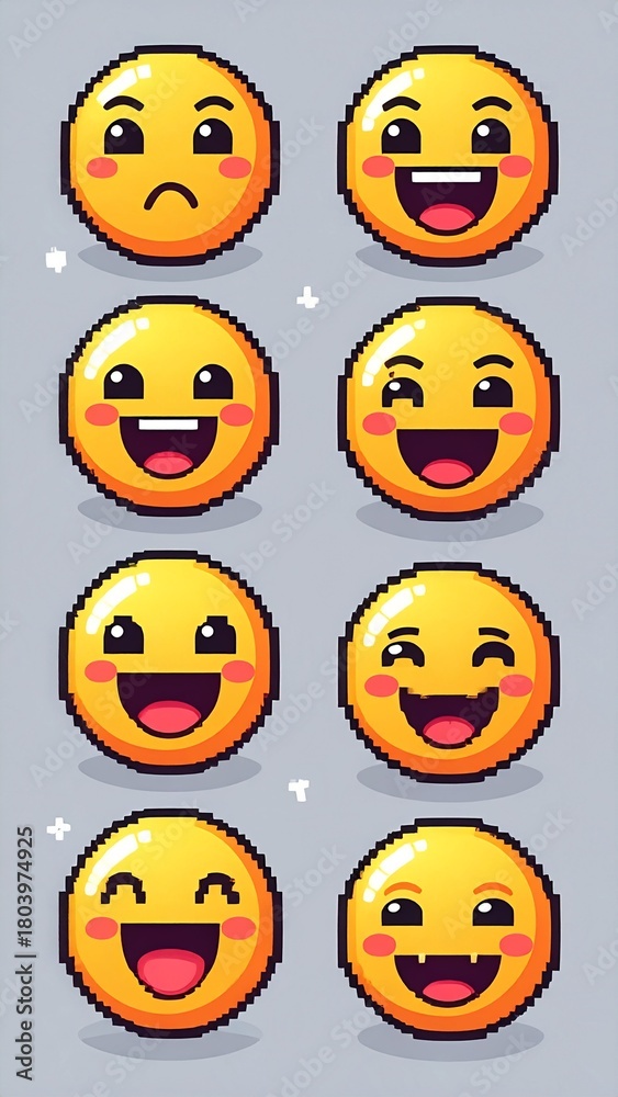 Fototapeta premium Pixel Art Emoji Set Expressing Various Emotions Icons for Digital Communication Yellow Smiling Faces Collection.