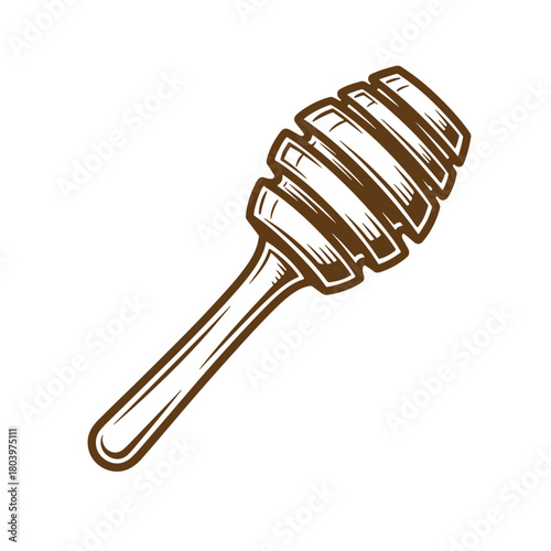 Detailed hand drawn illustration of a honey dipper for sweet syrup or honey applications