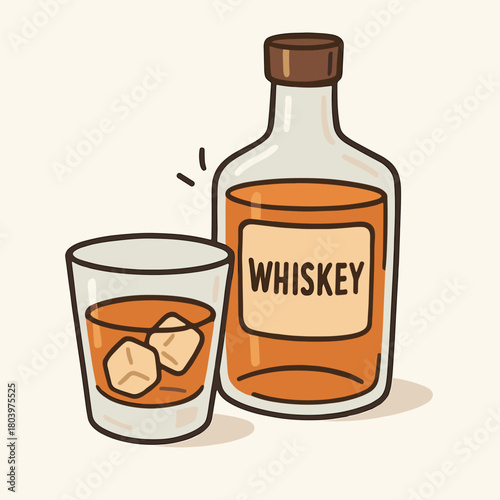 Whiskey bottle with glass on clean background