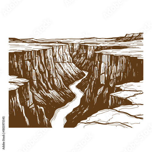 Hand drawn illustration of a majestic canyon landscape depicting a river winding through rocky cliffs